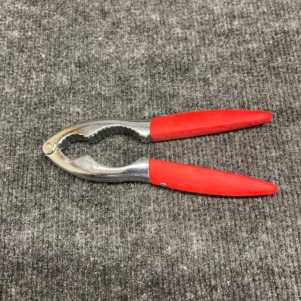 Heavy Duty Metal Nutcracker Seafood Cracker with Red Comfort Grip Handles Silver